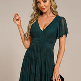 ever DAPHNE|Robe de soirée formelle scintillante à manches courtes et col en V