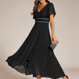 ever DAKOTA|Robe de soirée formelle en mousseline de soie à double col en V et taille ajustée