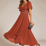 ever DAKOTA|Robe de soirée formelle en mousseline de soie à double col en V et taille ajustée
