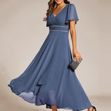 ever DAKOTA|Robe de soirée formelle en mousseline de soie à double col en V et taille ajustée