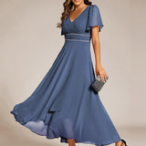 ever DAKOTA|Robe de soirée formelle en mousseline de soie à double col en V et taille ajustée
