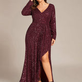 ever SYREN|Robe de soirée à manches longues, col en V, à sequins, ourlet asymétrique