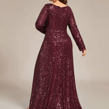ever SYREN|Robe de soirée à manches longues, col en V, à sequins, ourlet asymétrique