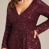 ever SYREN|Robe de soirée à manches longues, col en V, à sequins, ourlet asymétrique