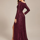 ever SYREN|Robe de soirée à manches longues, col en V, à sequins, ourlet asymétrique