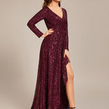 ever SYREN|Robe de soirée à manches longues, col en V, à sequins, ourlet asymétrique