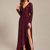 ever SYREN|Robe de soirée à manches longues, col en V, à sequins, ourlet asymétrique
