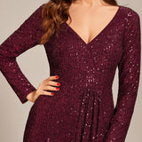 ever SYREN|Robe de soirée à manches longues, col en V, à sequins, ourlet asymétrique