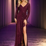 ever SYREN|Robe de soirée à manches longues, col en V, à sequins, ourlet asymétrique