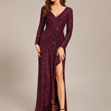 ever SYREN|Robe de soirée à manches longues, col en V, à sequins, ourlet asymétrique