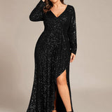 ever SYREN|Robe de soirée à manches longues, col en V, à sequins, ourlet asymétrique