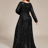 ever SYREN|Robe de soirée à manches longues, col en V, à sequins, ourlet asymétrique