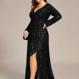 ever SYREN|Robe de soirée à manches longues, col en V, à sequins, ourlet asymétrique