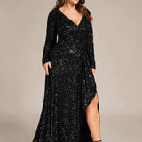 ever SYREN|Robe de soirée à manches longues, col en V, à sequins, ourlet asymétrique
