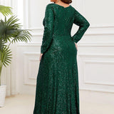 ever SYREN|Robe de soirée à manches longues, col en V, à sequins, ourlet asymétrique