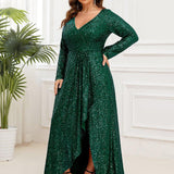 ever SYREN|Robe de soirée à manches longues, col en V, à sequins, ourlet asymétrique