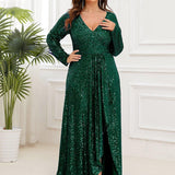 ever SYREN|Robe de soirée à manches longues, col en V, à sequins, ourlet asymétrique