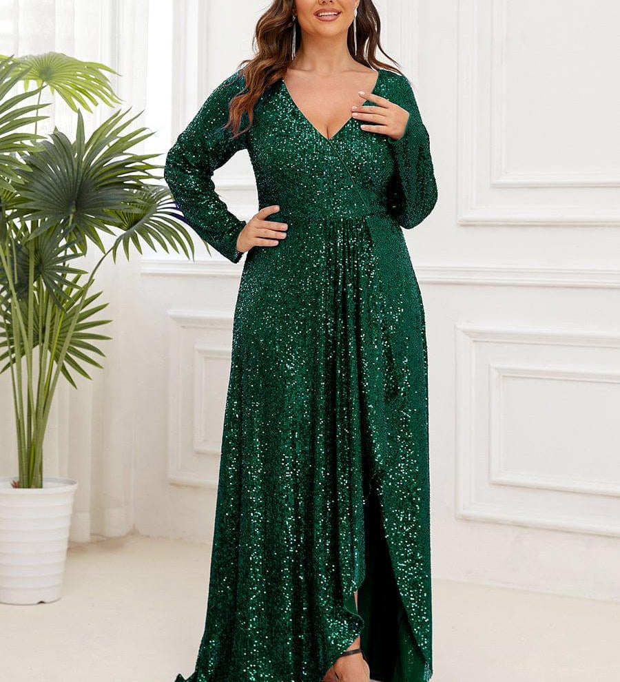 ever SYREN|Robe de soirée à manches longues, col en V, à sequins, ourlet asymétrique
