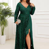 ever SYREN|Robe de soirée à manches longues, col en V, à sequins, ourlet asymétrique