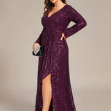 ever SYREN|Robe de soirée à manches longues, col en V, à sequins, ourlet asymétrique