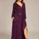ever SYREN|Robe de soirée à manches longues, col en V, à sequins, ourlet asymétrique