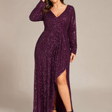ever SYREN|Robe de soirée à manches longues, col en V, à sequins, ourlet asymétrique