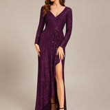ever SYREN|Robe de soirée à manches longues, col en V, à sequins, ourlet asymétrique