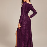 ever SYREN|Robe de soirée à manches longues, col en V, à sequins, ourlet asymétrique