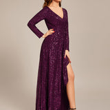 ever SYREN|Robe de soirée à manches longues, col en V, à sequins, ourlet asymétrique