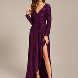 ever SYREN|Robe de soirée à manches longues, col en V, à sequins, ourlet asymétrique