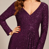 ever SYREN|Robe de soirée à manches longues, col en V, à sequins, ourlet asymétrique