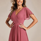 ever FAYE|Robe d'invitée de mariage chic à avec col en V et à manches courtes