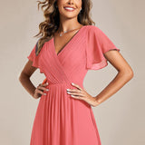 ever FAYE|Robe d'invitée de mariage chic à avec col en V et à manches courtes
