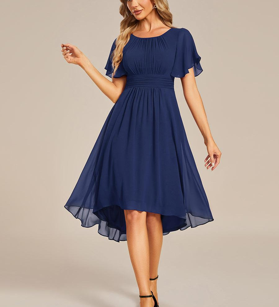 ever EDEN|Robe d'invité de mariage trapèze en mousseline fluide à encolure ronde et longueur au genou