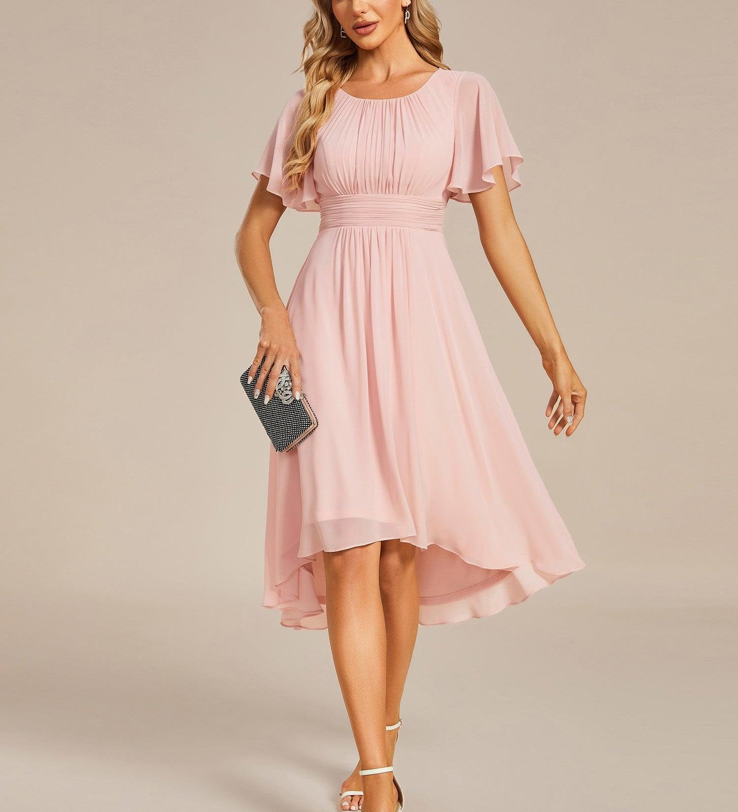 ever EDEN|Robe d'invité de mariage trapèze en mousseline fluide à encolure ronde et longueur au genou