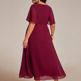 ever DAHLIA|Robe d'invité de mariage mi-longue en mousseline à col en V avec appliques à la taille