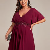 ever DAHLIA|Robe d'invité de mariage mi-longue en mousseline à col en V avec appliques à la taille