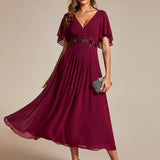 ever DAHLIA|Robe d'invité de mariage mi-longue en mousseline à col en V avec appliques à la taille