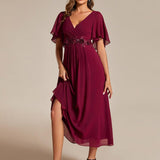 ever DAHLIA|Robe d'invité de mariage mi-longue en mousseline à col en V avec appliques à la taille