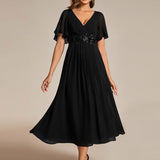 ever DAHLIA|Robe d'invité de mariage mi-longue en mousseline à col en V avec appliques à la taille