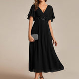 ever DAHLIA|Robe d'invité de mariage mi-longue en mousseline à col en V avec appliques à la taille
