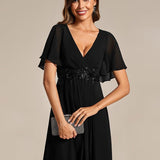 ever DAHLIA|Robe d'invité de mariage mi-longue en mousseline à col en V avec appliques à la taille