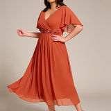 ever DAHLIA|Robe d'invité de mariage mi-longue en mousseline à col en V avec appliques à la taille