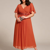 ever DAHLIA|Robe d'invité de mariage mi-longue en mousseline à col en V avec appliques à la taille