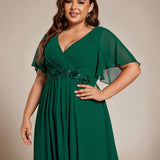 ever DAHLIA|Robe d'invité de mariage mi-longue en mousseline à col en V avec appliques à la taille