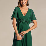 ever DAHLIA|Robe d'invité de mariage mi-longue en mousseline à col en V avec appliques à la taille