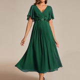 ever DAHLIA|Robe d'invité de mariage mi-longue en mousseline à col en V avec appliques à la taille