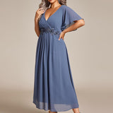 ever DAHLIA|Robe d'invité de mariage mi-longue en mousseline à col en V avec appliques à la taille