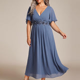 ever DAHLIA|Robe d'invité de mariage mi-longue en mousseline à col en V avec appliques à la taille