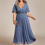 ever DAHLIA|Robe d'invité de mariage mi-longue en mousseline à col en V avec appliques à la taille